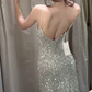 Glittering Spaghetti Straps Prom Dress Silver Sequins A-Line Evening Dress C9697