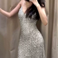 Glittering Spaghetti Straps Prom Dress Silver Sequins A-Line Evening Dress C9697