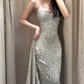 Glittering Spaghetti Straps Prom Dress Silver Sequins A-Line Evening Dress C9697