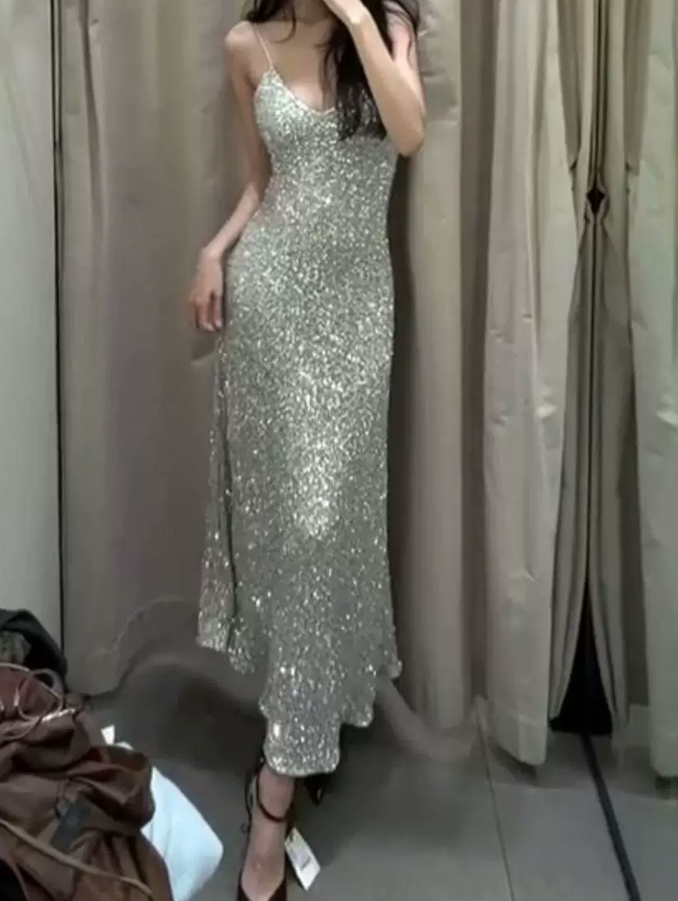 Glittering Spaghetti Straps Prom Dress Silver Sequins A-Line Evening Dress C9697