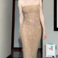 Chic Spaghetti Straps Prom Dress Brown Sequins Mermaid Evening Dress C9698