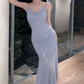 Alluring Spaghetti Straps Maxi Dress Blue Sequins Mermaid Long Dress C9699