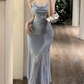 Alluring Spaghetti Straps Maxi Dress Blue Sequins Mermaid Long Dress C9699