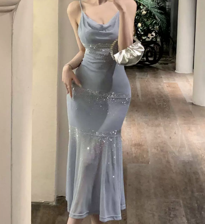 Alluring Spaghetti Straps Maxi Dress Blue Sequins Mermaid Long Dress C9699