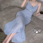 Alluring Spaghetti Straps Maxi Dress Blue Sequins Mermaid Long Dress C9699