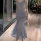 Alluring Spaghetti Straps Maxi Dress Blue Sequins Mermaid Long Dress C9699