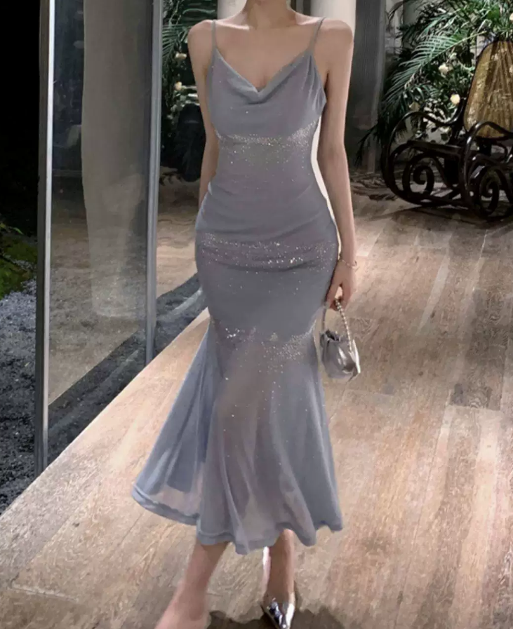 Alluring Spaghetti Straps Maxi Dress Blue Sequins Mermaid Long Dress C9699