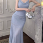 Alluring Spaghetti Straps Maxi Dress Blue Sequins Mermaid Long Dress C9699