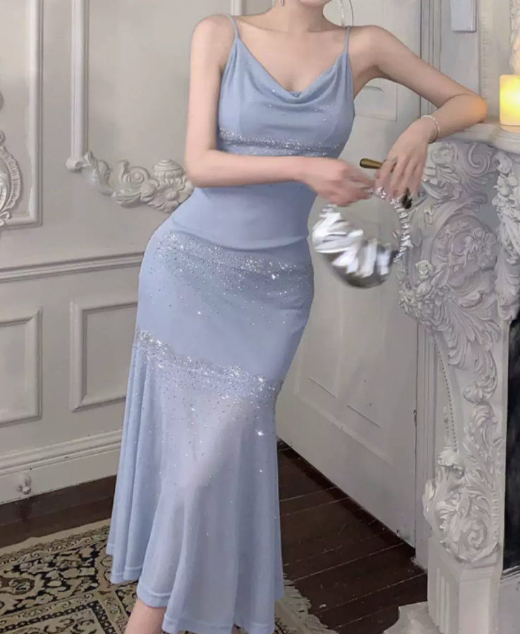 Alluring Spaghetti Straps Maxi Dress Blue Sequins Mermaid Long Dress C9699