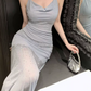 Alluring Spaghetti Straps Maxi Dress Blue Sequins Mermaid Long Dress C9699