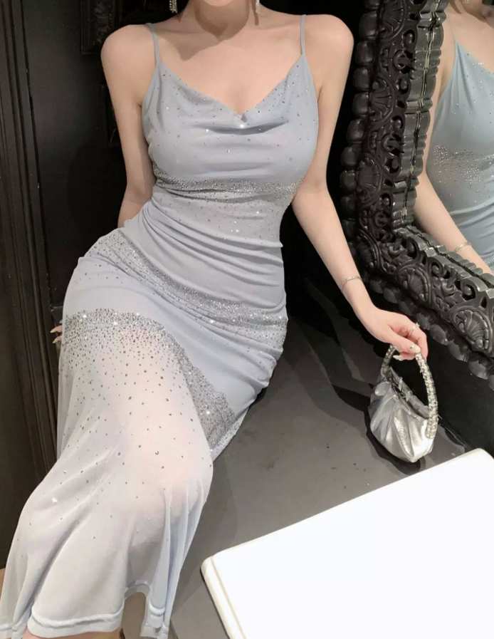 Alluring Spaghetti Straps Maxi Dress Blue Sequins Mermaid Long Dress C9699