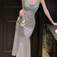 Alluring Spaghetti Straps Maxi Dress Blue Sequins Mermaid Long Dress C9699
