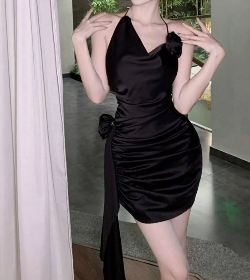 Chic Halter Neck Black Mini Dress Backless Sheath Short Dress C9700
