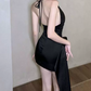 Chic Halter Neck Black Mini Dress Backless Sheath Short Dress C9700