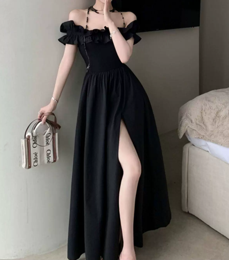Glam Off-Shoulder Ruffles Prom Dress Black Slit A-Line Evening Dress C9701