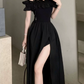Glam Off-Shoulder Ruffles Prom Dress Black Slit A-Line Evening Dress C9701
