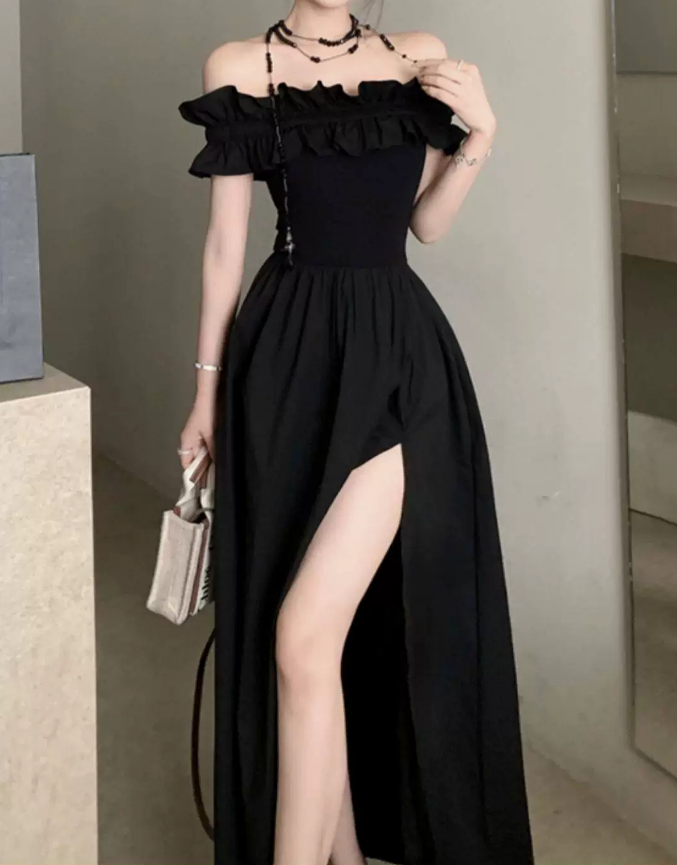 Glam Off-Shoulder Ruffles Prom Dress Black Slit A-Line Evening Dress C9701