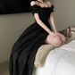 Glam Off-Shoulder Ruffles Prom Dress Black Slit A-Line Evening Dress C9701