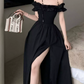 Glam Off-Shoulder Ruffles Prom Dress Black Slit A-Line Evening Dress C9701
