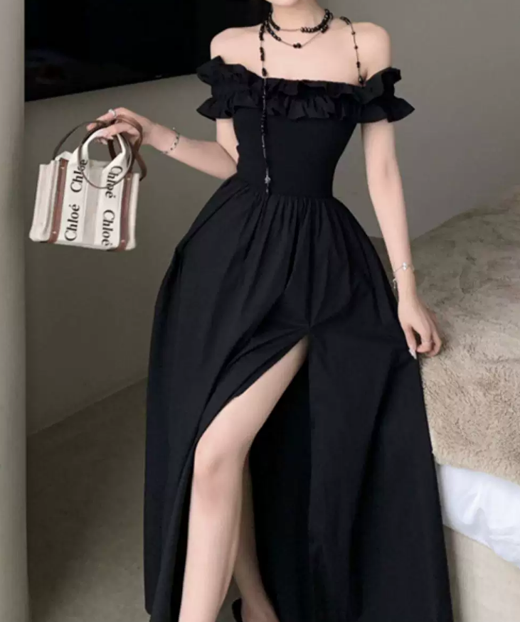 Glam Off-Shoulder Ruffles Prom Dress Black Slit A-Line Evening Dress C9701