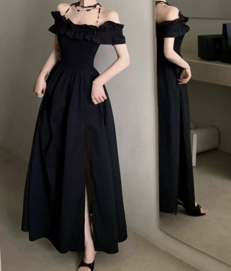 Glam Off-Shoulder Ruffles Prom Dress Black Slit A-Line Evening Dress C9701