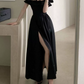 Glam Off-Shoulder Ruffles Prom Dress Black Slit A-Line Evening Dress C9701