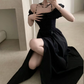 Glam Off-Shoulder Ruffles Prom Dress Black Slit A-Line Evening Dress C9701