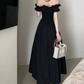Glam Off-Shoulder Ruffles Prom Dress Black Slit A-Line Evening Dress C9701