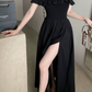 Glam Off-Shoulder Ruffles Prom Dress Black Slit A-Line Evening Dress C9701