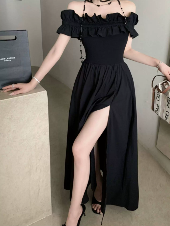 Glam Off-Shoulder Ruffles Prom Dress Black Slit A-Line Evening Dress C9701