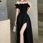 Glam Off-Shoulder Ruffles Prom Dress Black Slit A-Line Evening Dress C9701