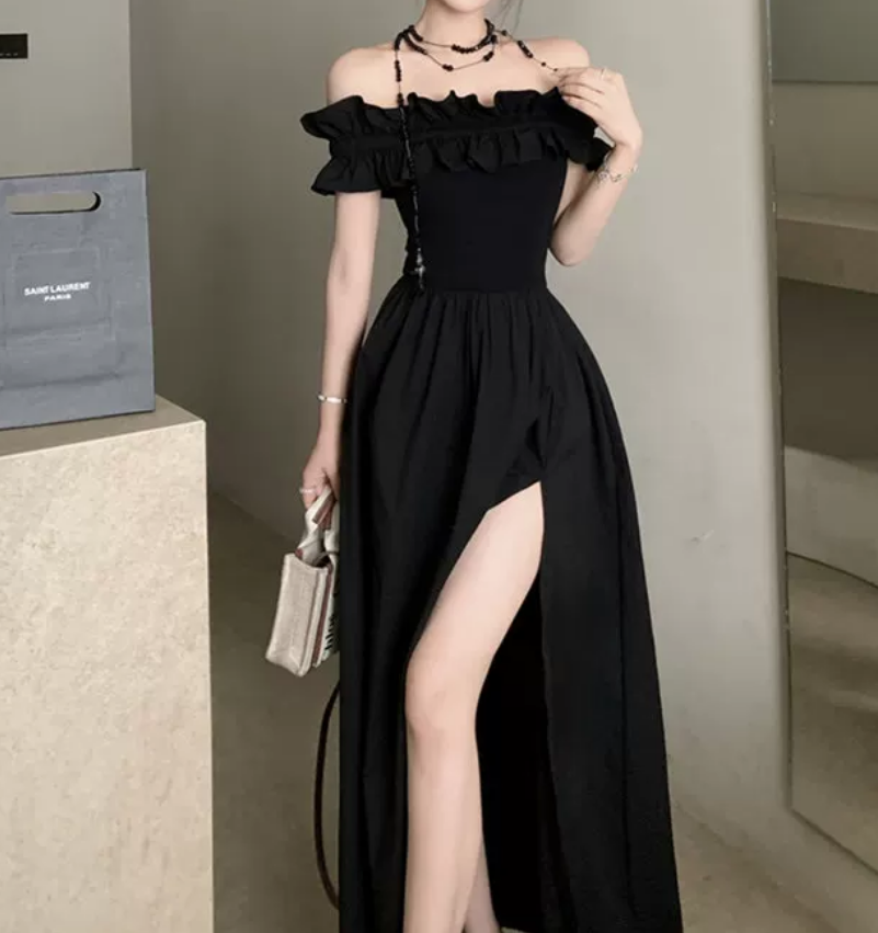 Glam Off-Shoulder Ruffles Prom Dress Black Slit A-Line Evening Dress C9701