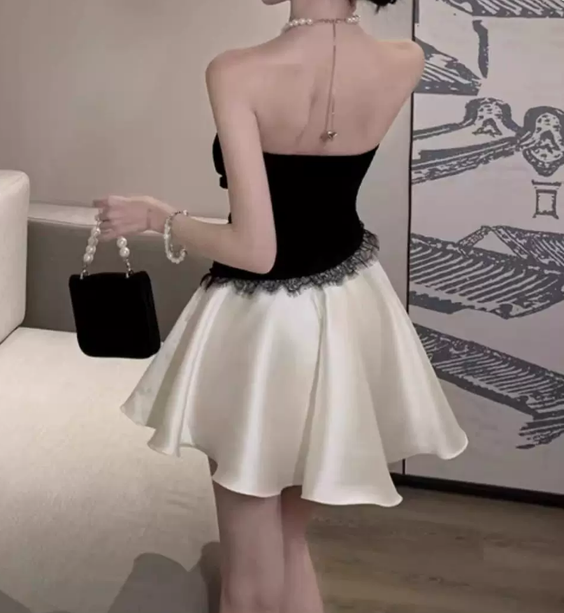 Classical Black & White Halter Homecoming Dress Lace Satin A-Line Party Dress C9702