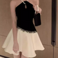 Classical Black & White Halter Homecoming Dress Lace Satin A-Line Party Dress C9702