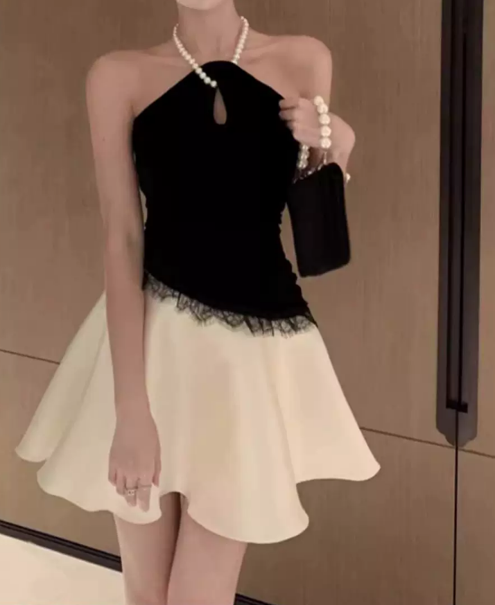 Classical Black & White Halter Homecoming Dress Lace Satin A-Line Party Dress C9702