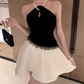 Classical Black & White Halter Homecoming Dress Lace Satin A-Line Party Dress C9702