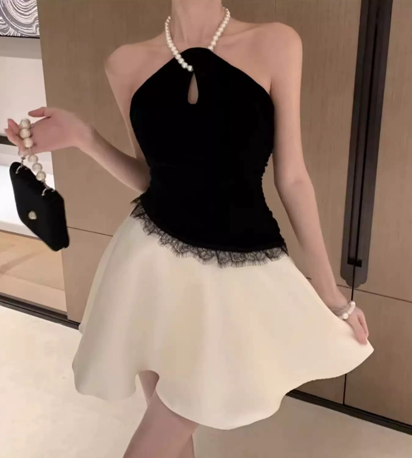 Classical Black & White Halter Homecoming Dress Lace Satin A-Line Party Dress C9702