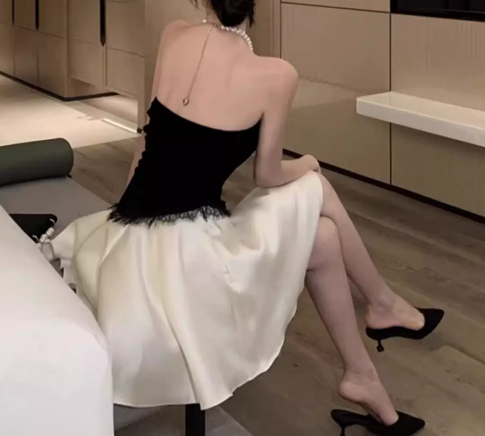 Classical Black & White Halter Homecoming Dress Lace Satin A-Line Party Dress C9702