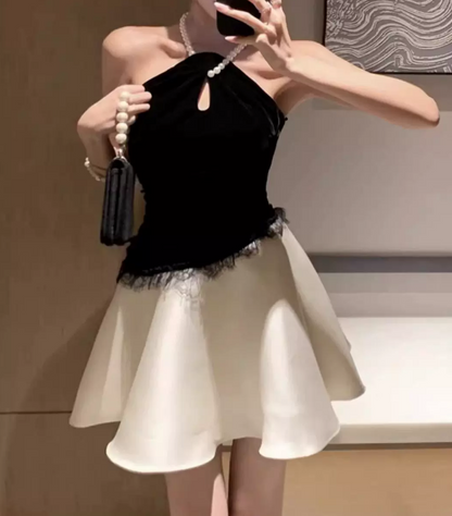 Classical Black & White Halter Homecoming Dress Lace Satin A-Line Party Dress C9702