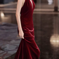 Vintage Halter Neck Red Prom Dress Velvet Beaded Mermaid Evening Dress C9703