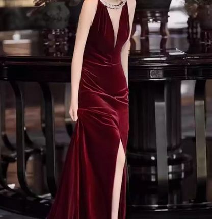 Vintage Halter Neck Red Prom Dress Velvet Beaded Mermaid Evening Dress C9703