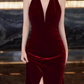 Vintage Halter Neck Red Prom Dress Velvet Beaded Mermaid Evening Dress C9703