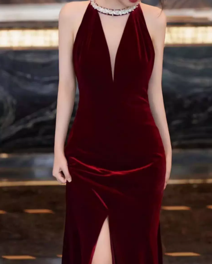 Vintage Halter Neck Red Prom Dress Velvet Beaded Mermaid Evening Dress C9703