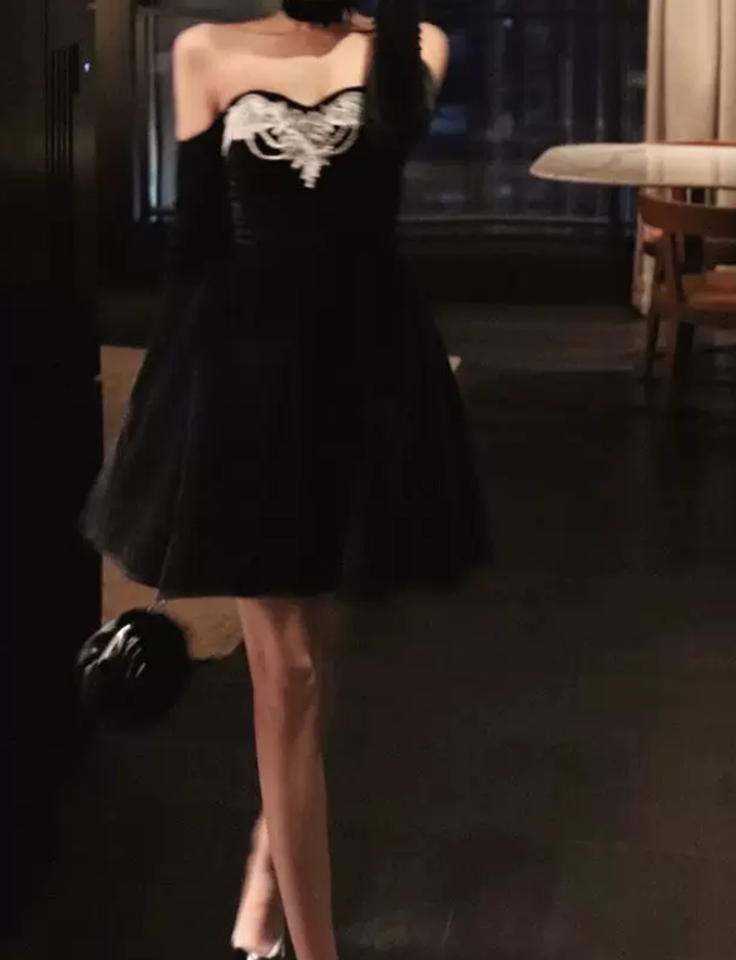 Retro Long Sleeve A-Line Mini Dress Black Lace Short Dress C9705