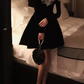 Retro Long Sleeve A-Line Mini Dress Black Lace Short Dress C9705