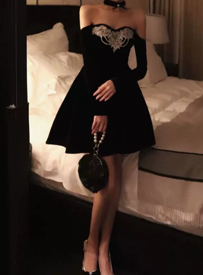 Retro Long Sleeve A-Line Mini Dress Black Lace Short Dress C9705