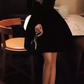 Retro Long Sleeve A-Line Mini Dress Black Lace Short Dress C9705
