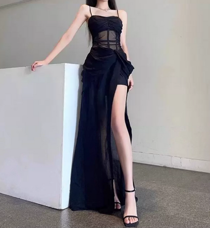 Sleek Spaghetti Straps Maxi Dress Black Slit Mermaid Long Dress C9706