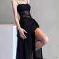 Sleek Spaghetti Straps Maxi Dress Black Slit Mermaid Long Dress C9706