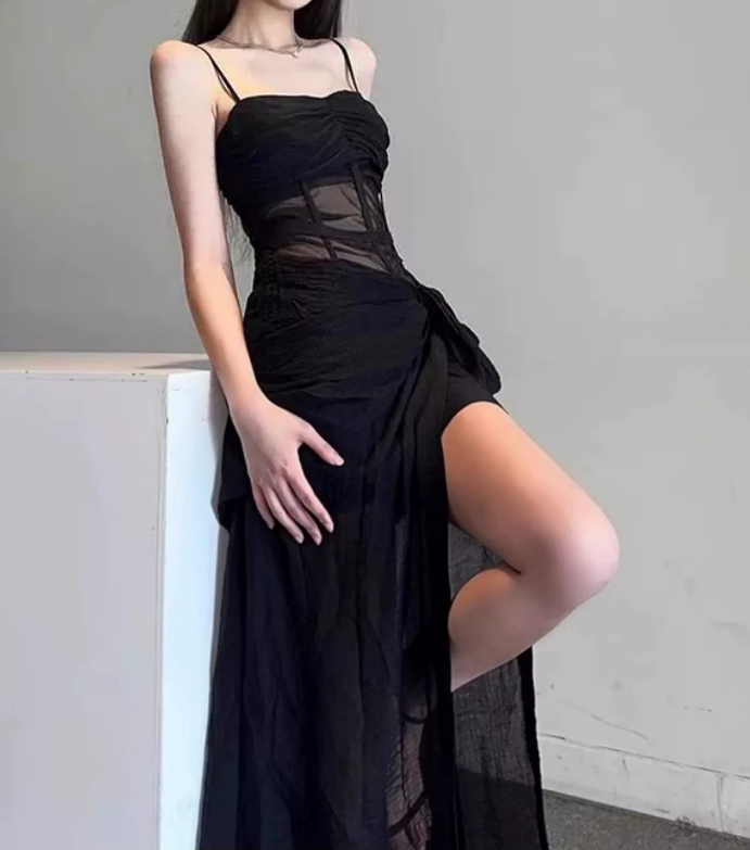 Sleek Spaghetti Straps Maxi Dress Black Slit Mermaid Long Dress C9706